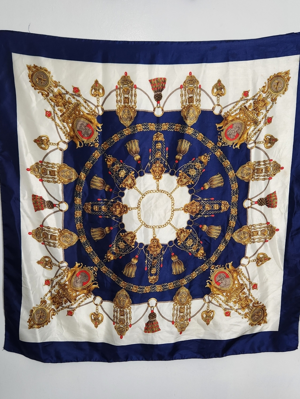 Vintage Berkshire 34" Square Scarf Navy Blue Gold Baroque Cameo Chain Tassels
